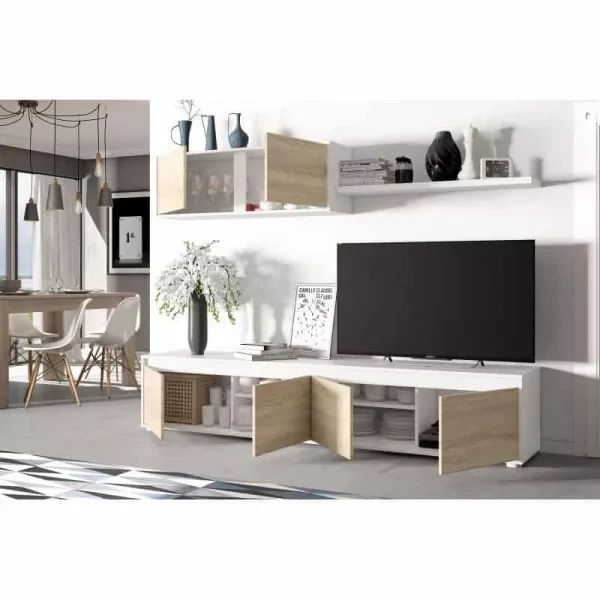 Meuble TV 4 portes avec étagère murale 2 portes L200 cm VESON (Blanc, chêne)