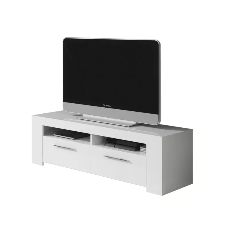 Meuble TV avec 2 portes et 2 niches de rangement L120 cm (Blanc)