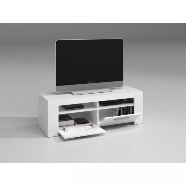 Meuble TV avec 2 portes et 2 niches de rangement L120 cm (Blanc)