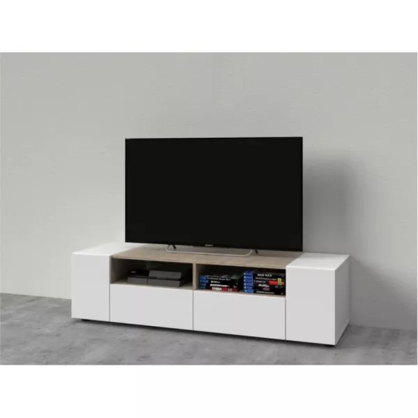 Meuble TV 4 portes et 2 niches de rangement L138 cm  (Blanc chêne)