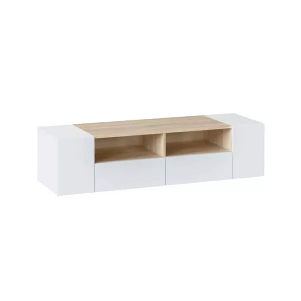 Meuble TV 4 portes et 2 niches de rangement L138 cm  (Blanc chêne)