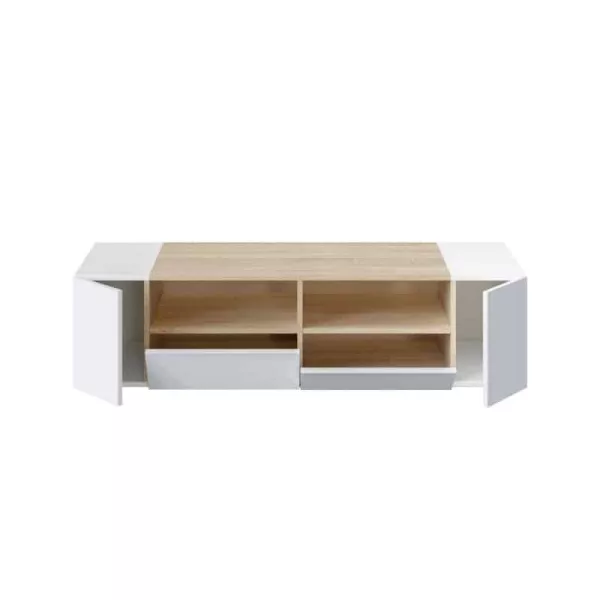 Meuble TV 4 portes et 2 niches de rangement L138 cm  (Blanc chêne)