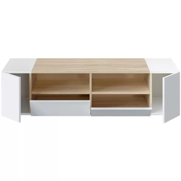 Meuble TV 4 portes et 2 niches de rangement L138 cm  (Blanc chêne)