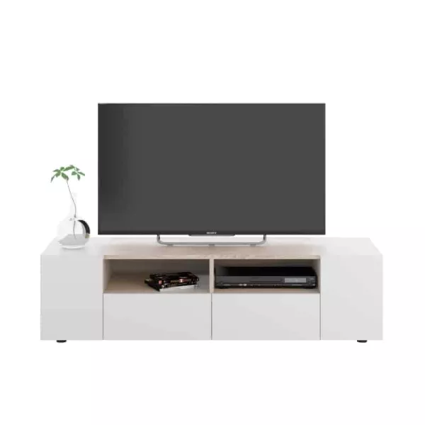 Meuble TV 4 portes et 2 niches de rangement L138 cm  (Blanc chêne)