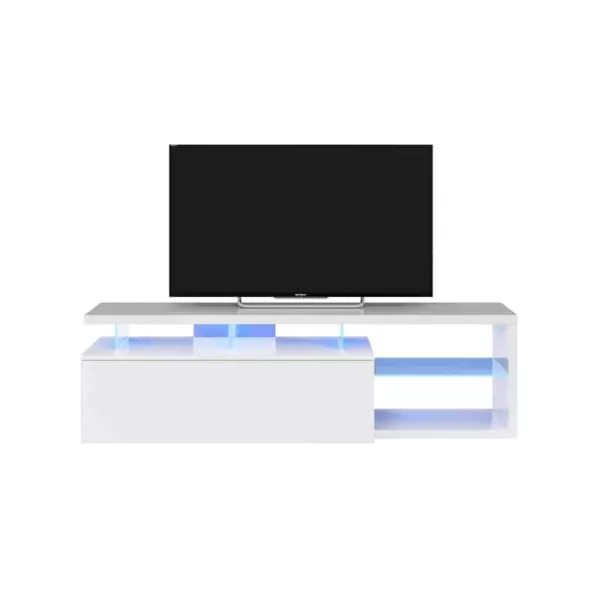 Meuble TV LED 1 porte et 4 niches L150 cm VESON (Blanc brillant)