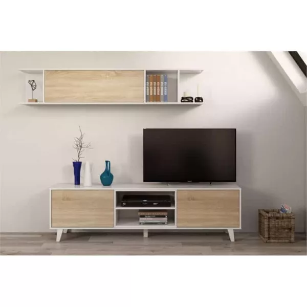 Meuble TV 2 portes avec 2 niches et étagère murale VESON (Blanc, chêne)