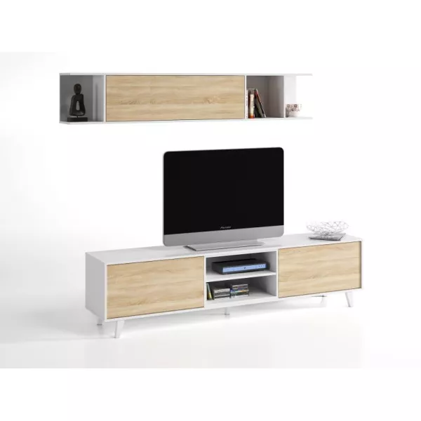 Meuble TV 2 portes avec 2 niches et étagère murale VESON (Blanc, chêne)