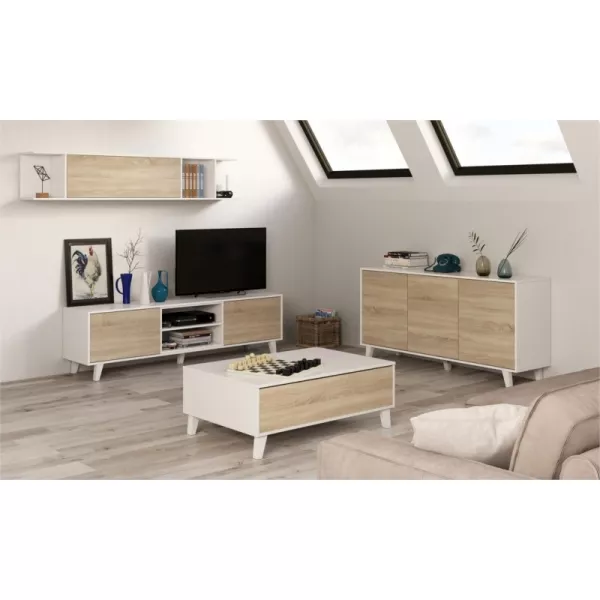 Meuble TV 2 portes avec 2 niches et étagère murale VESON (Blanc, chêne)