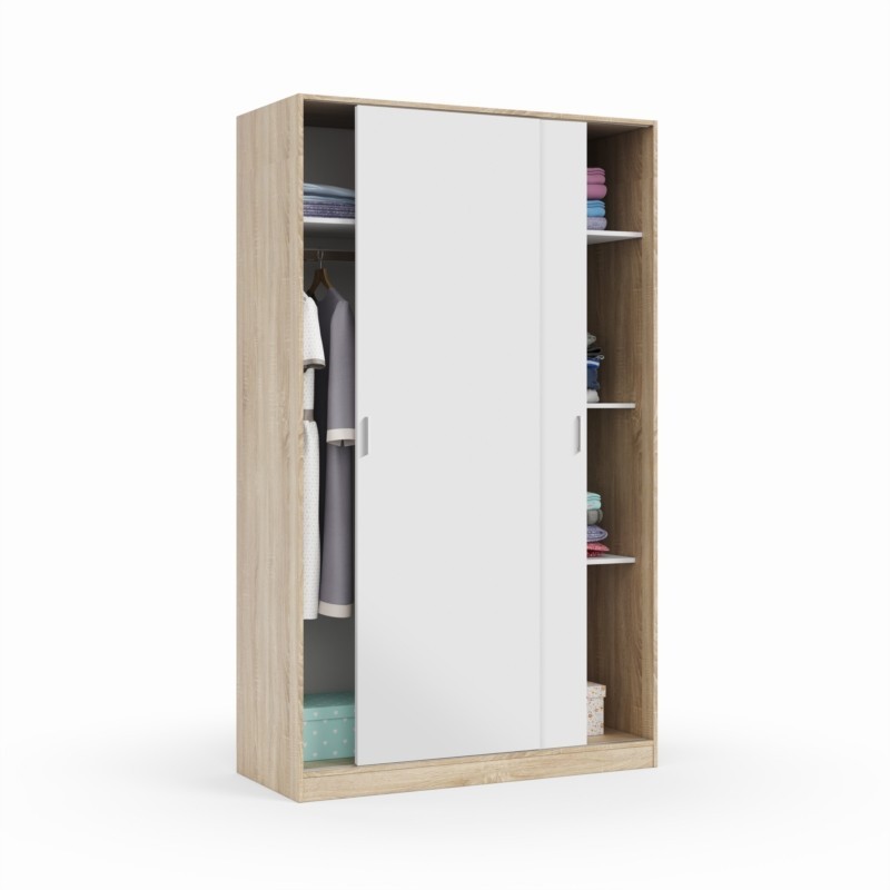 Penderie design 2 portes coulissantes L120xH200 cm RONAN (Blanc, chêne) à associer à Meubles De Rangement Meubles Tv Etageres Ar