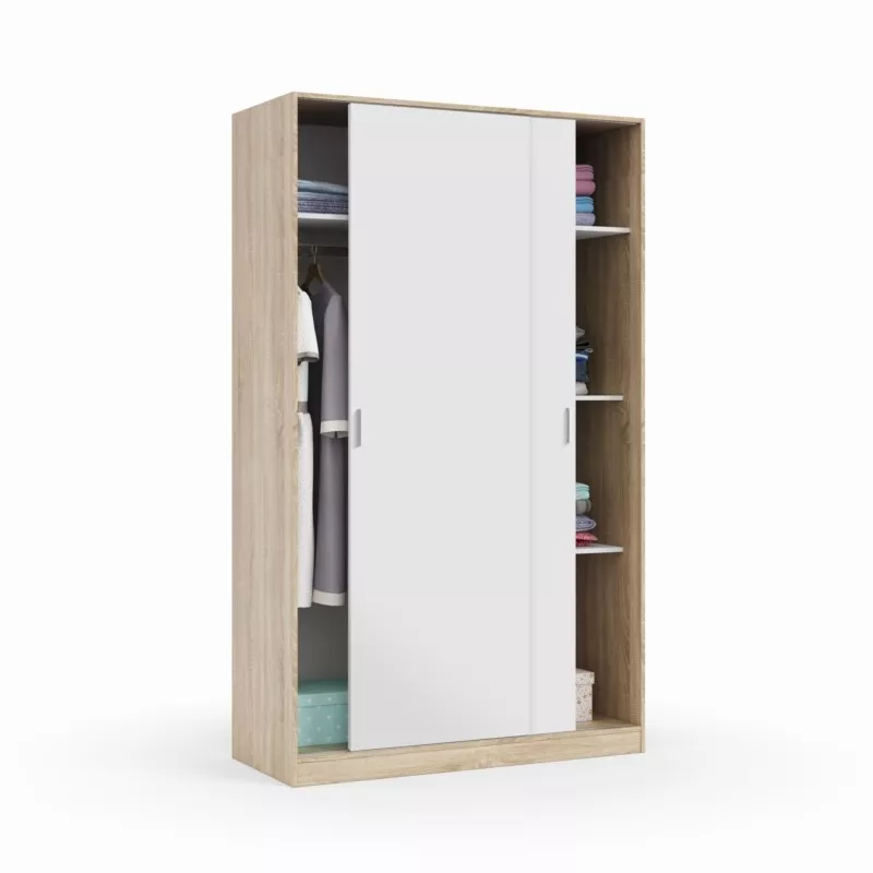 Garderobe Design 2 Schiebetüren L120xH200 cm RONAN (Weiß, Eiche) mit assoziieren Aufbewahrungsmöbel, TV-Möbel, Regale, bequeme S