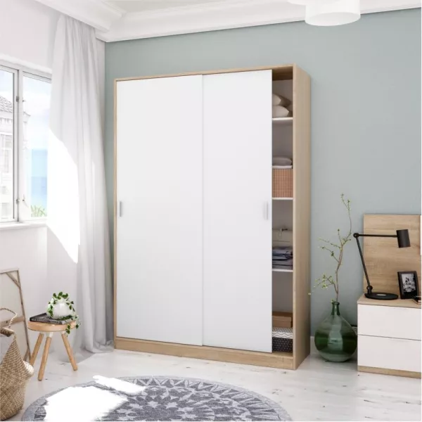 Penderie design 2 portes coulissantes L120xH200 cm RONAN (Blanc, chêne) à associer à Meubles De Rangement Meubles Tv Etageres Ar