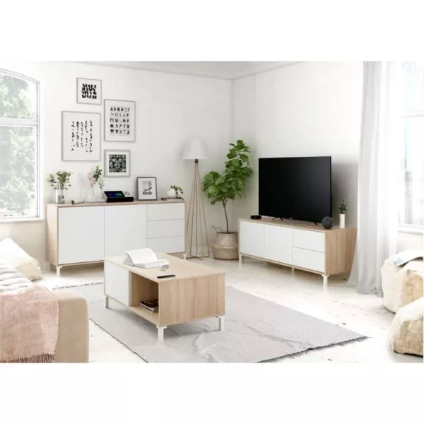 Meuble TV 2 portes et 2 tiroirs L130 cm  VESON (Blanc, Chêne)