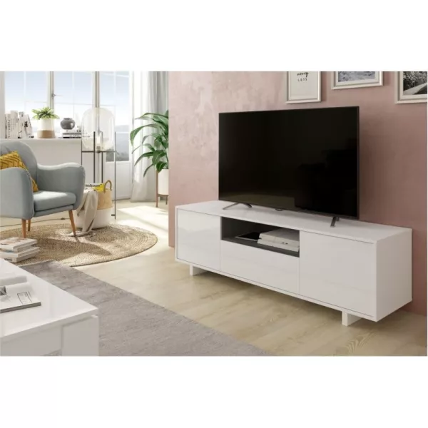 Meuble TV 3 portes et 1 niche L150 cm VESON (Blanc, Chêne)