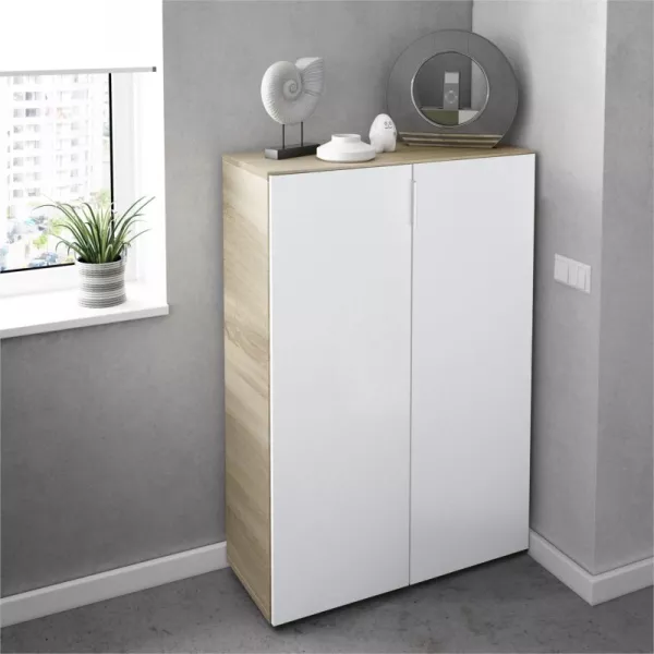 Armario zapato 2 puertas (28 pares) L72xH103 cm ZIAN (Blanco, Roble) asociarse con Muebles de almacenamiento Muebles para TV Est