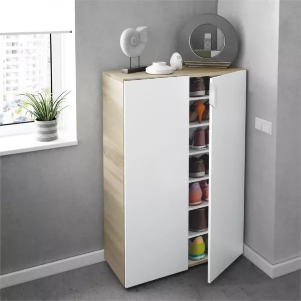 Shoe cabinet 2 doors (28 pairs) L72xH103 cm ZIAN (White, Oak) to associate with Storage Furniture Tv Furniture Shelves Rattan Ca