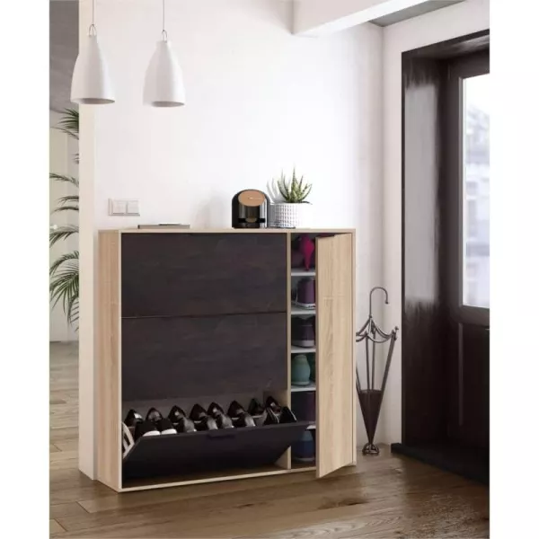 Shoe cabinet 3 flaps, 1 door (30 pairs) L106xH115 cm ZIAN (Light oak, black) to associate with Storage Furniture Tv Furniture Sh