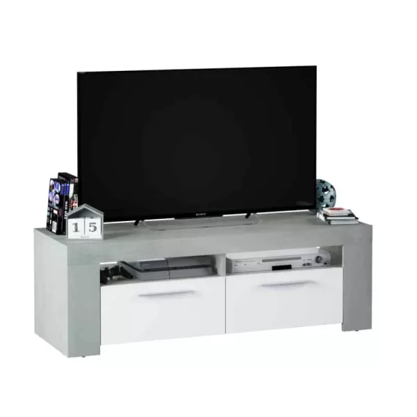 Meuble TV avec 2 portes et 2 niches de rangement L120 cm VESON (Blanc, béton)