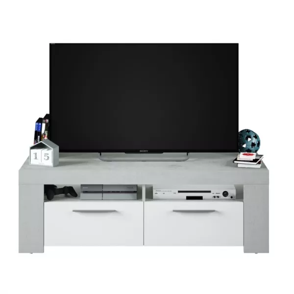 Meuble TV avec 2 portes et 2 niches de rangement L120 cm VESON (Blanc, béton)