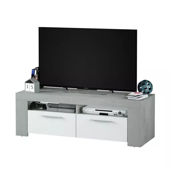 Meuble TV avec 2 portes et 2 niches de rangement L120 cm VESON (Blanc, béton)