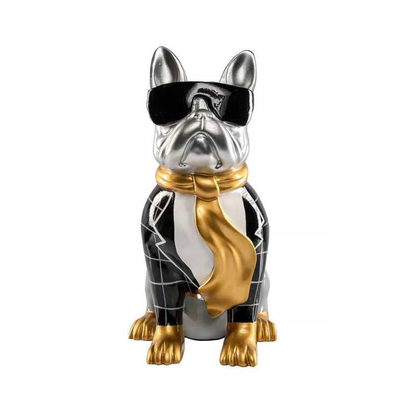 Statue résine décorative design CHIEN MAJORDOME (H36 cm) (Noir, gris, or)