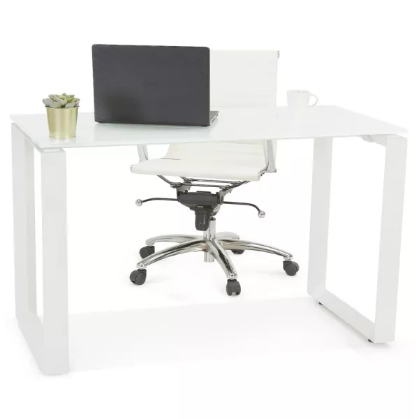 Bureau droit design en verre trempé pieds blancs (60x120 cm) OSSIAN (finition blanc)