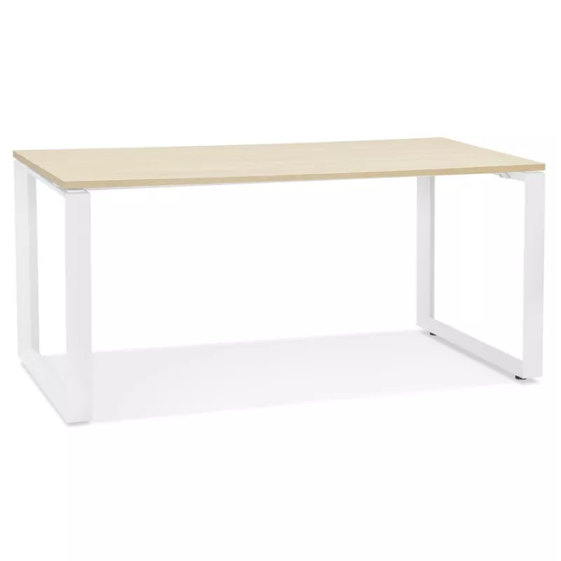 Bureau droit design en bois pieds blancs (80x160 cm) OSSIAN (finition naturel)