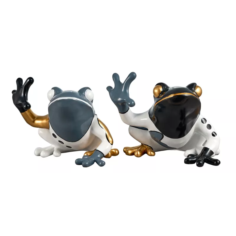 Set de 2 Statues décoratives en résine GRENOUILLES ASSISES (H32 cm) (blanc, gris, doré)