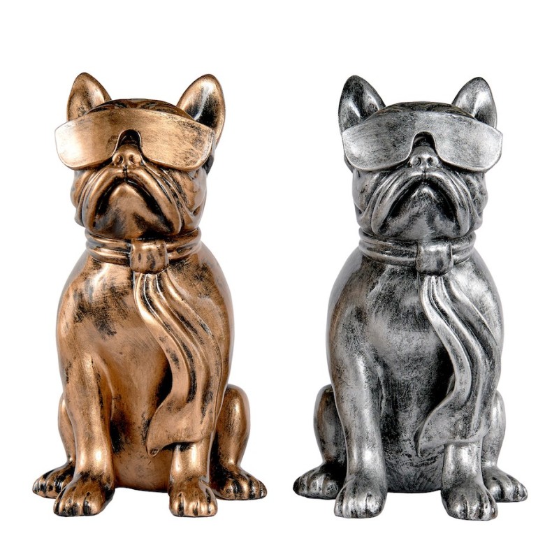 Set de 2 Statues décoratives en résine DUO CHIENS BULLDOG (H36 cm) (bronze, argent)