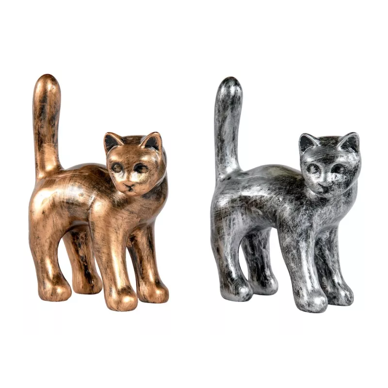 Set de 2 Statues décoratives en résine DUO CHAT patiné (H40 cm) (bronze, argent)