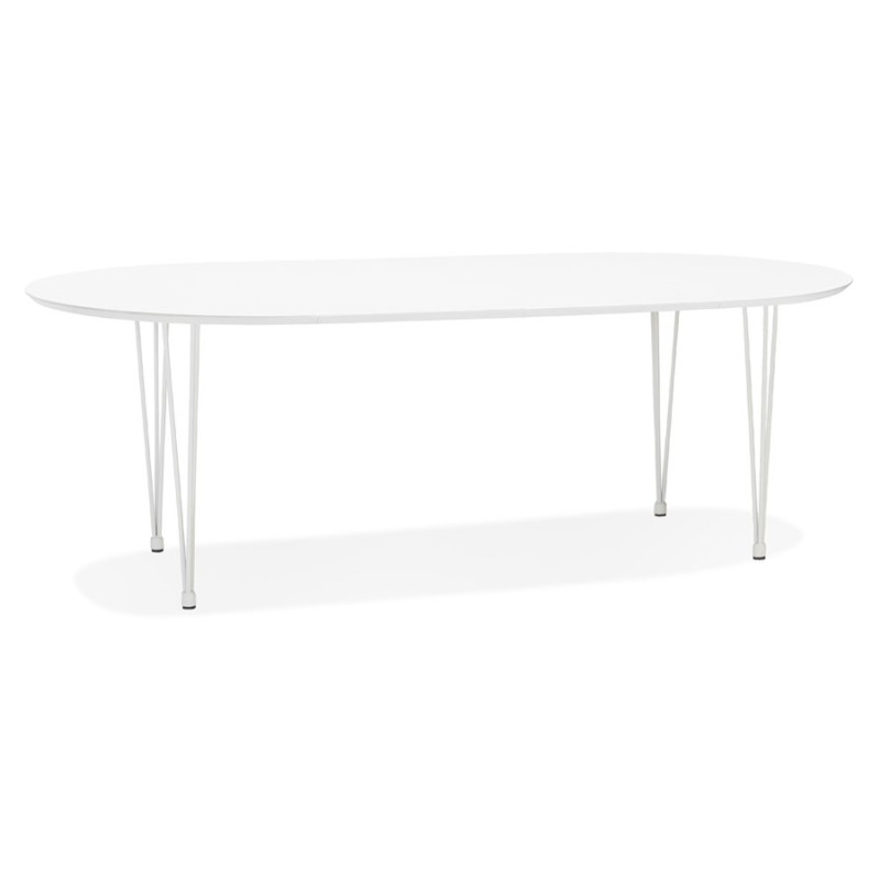 Table à manger extensible en bois et pied métal blanc ISAAC (120-220x120 cm) (blanc mat)