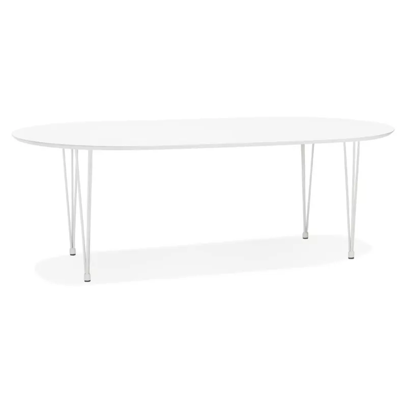 Table à manger extensible en bois et pied métal blanc ISAAC (120-220x120 cm) (blanc mat)