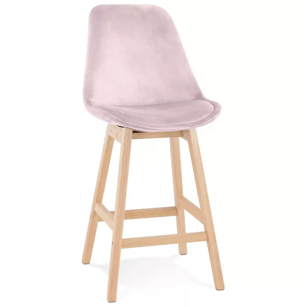 Tabouret de bar mi-hauteur design en velours pieds bois naturel CAMY MINI (Rose)