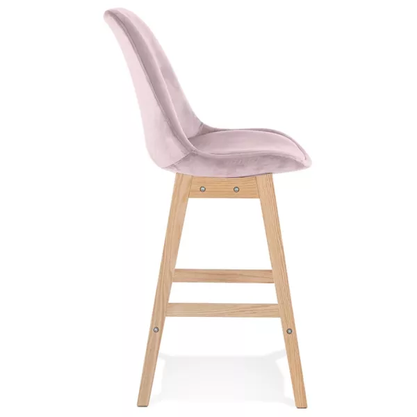 Tabouret de bar mi-hauteur design en velours pieds bois naturel CAMY MINI (Rose)