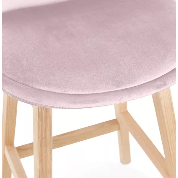 Tabouret de bar mi-hauteur design en velours pieds bois naturel CAMY MINI (Rose)