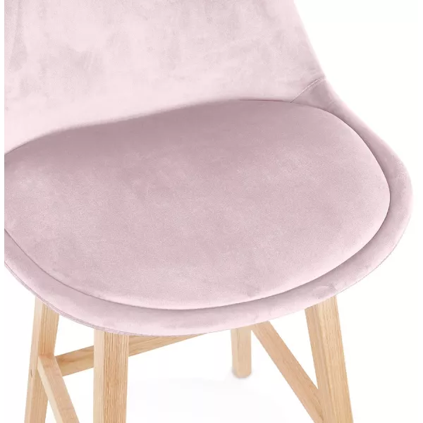 Tabouret de bar mi-hauteur design en velours pieds bois naturel CAMY MINI (Rose)