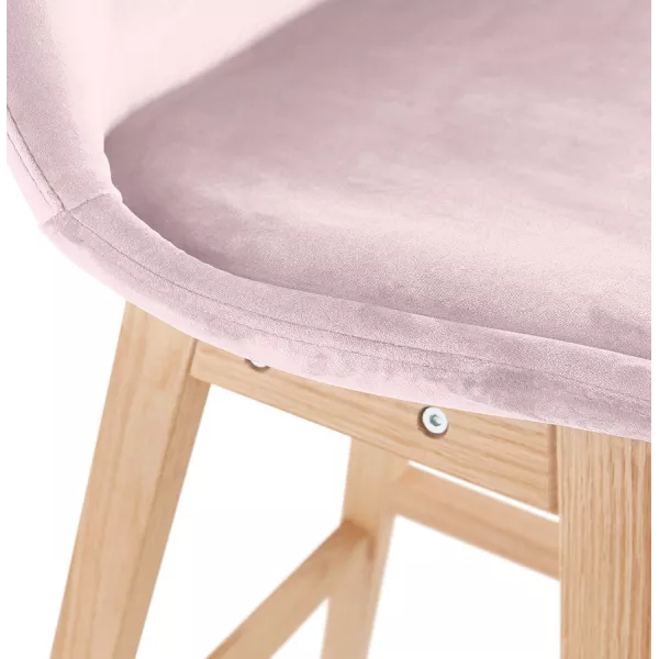 Tabouret de bar mi-hauteur design en velours pieds bois naturel CAMY MINI (Rose)