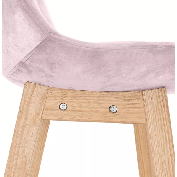 Tabouret de bar mi-hauteur design en velours pieds bois naturel CAMY MINI (Rose)