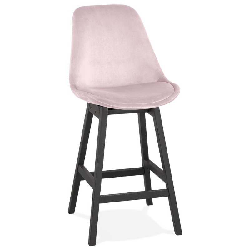 Tabouret de bar mi-hauteur design en velours pieds bois noir CAMY MINI (Rose)