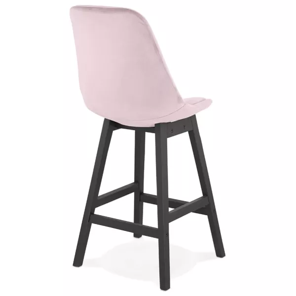 Tabouret de bar mi-hauteur design en velours pieds bois noir CAMY MINI (Rose)