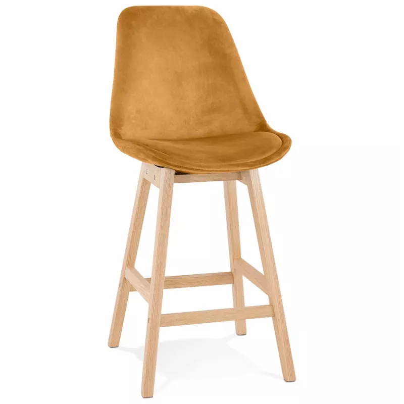 Tabouret de bar mi-hauteur design en velours pieds bois naturel CAMY MINI (Moutarde)