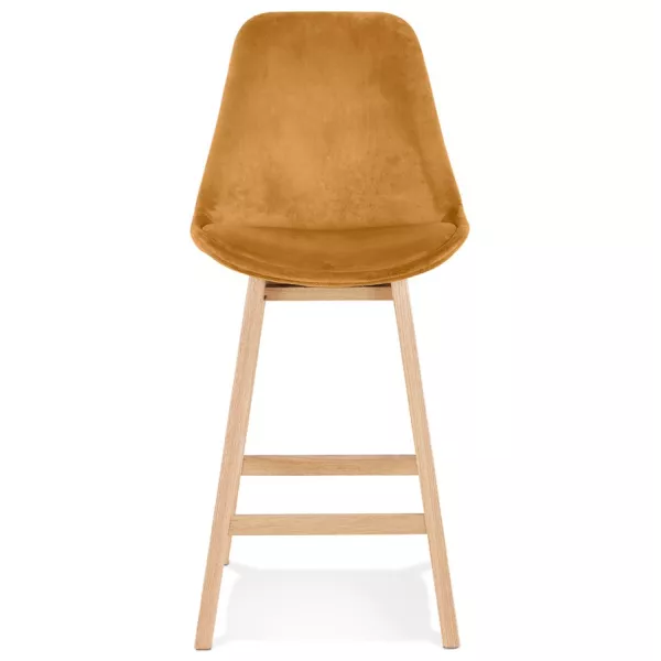 Tabouret de bar mi-hauteur design en velours pieds bois naturel CAMY MINI (Moutarde)