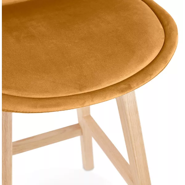 Tabouret de bar mi-hauteur design en velours pieds bois naturel CAMY MINI (Moutarde)