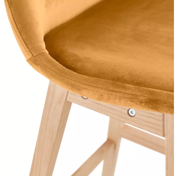 Tabouret de bar mi-hauteur design en velours pieds bois naturel CAMY MINI (Moutarde)