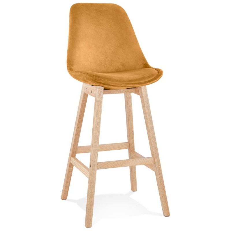 Tabouret de bar design en velours pieds bois naturel CAMY (Moutarde)