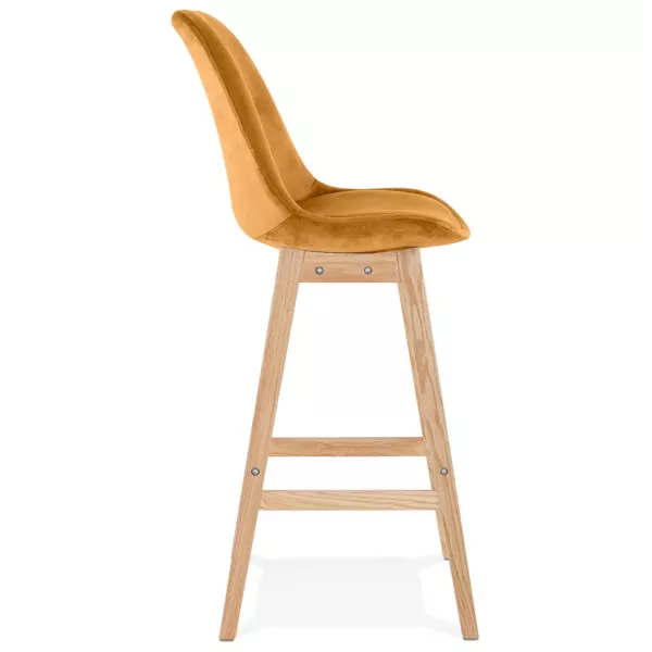 Tabouret de bar design en velours pieds bois naturel CAMY (Moutarde)