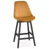 Tabouret de bar mi-hauteur design en velours pieds bois noir CAMY MINI (Moutarde)