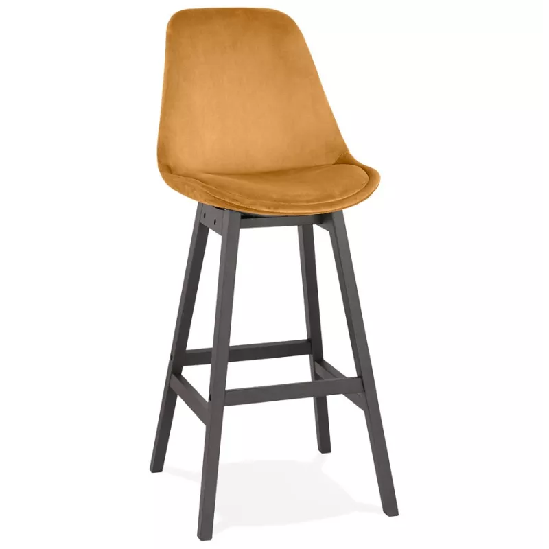 Tabouret de bar design en velours pieds bois noir CAMY (Moutarde)