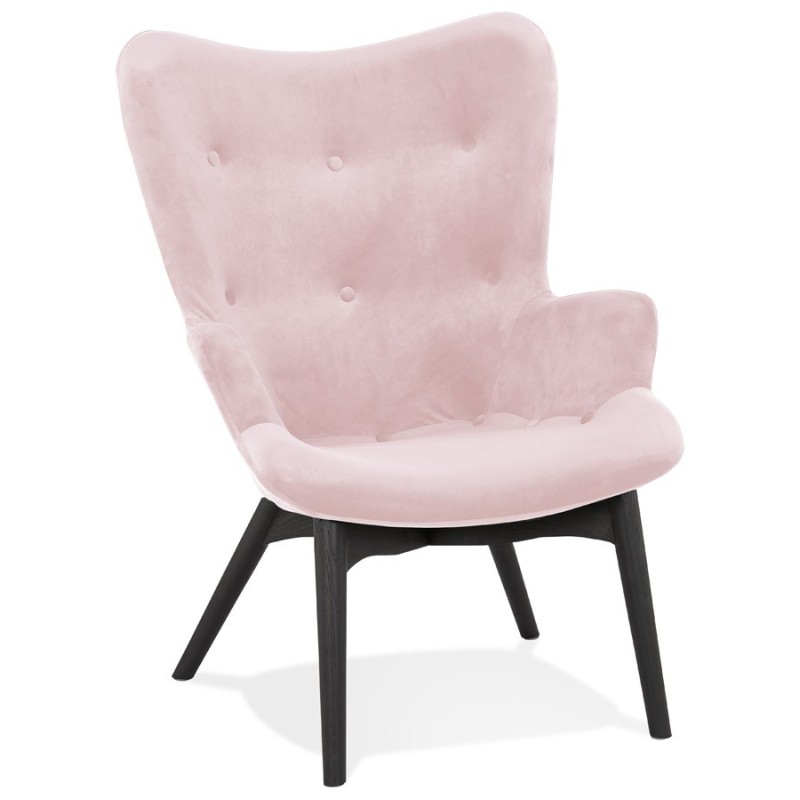 Fauteuil à oreilles en velours pieds bois noir EMRYS (rose)