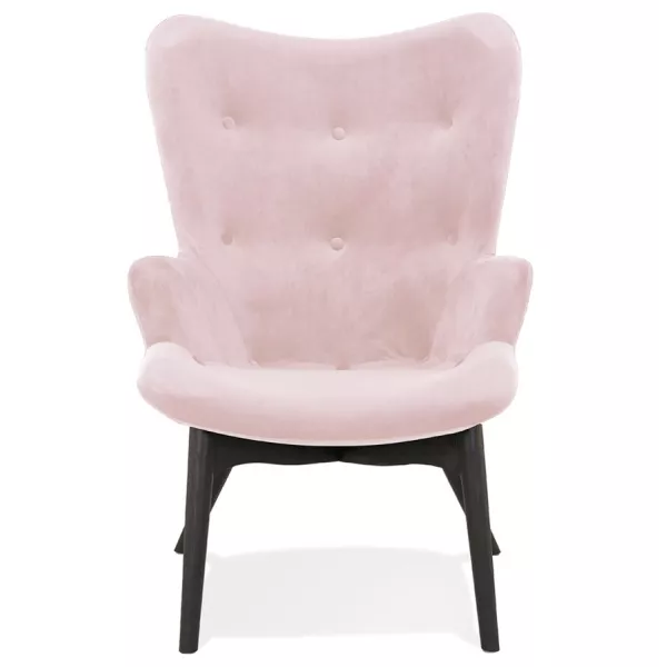 Fauteuil à oreilles en velours pieds bois noir EMRYS (rose)