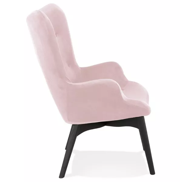 Fauteuil à oreilles en velours pieds bois noir EMRYS (rose)